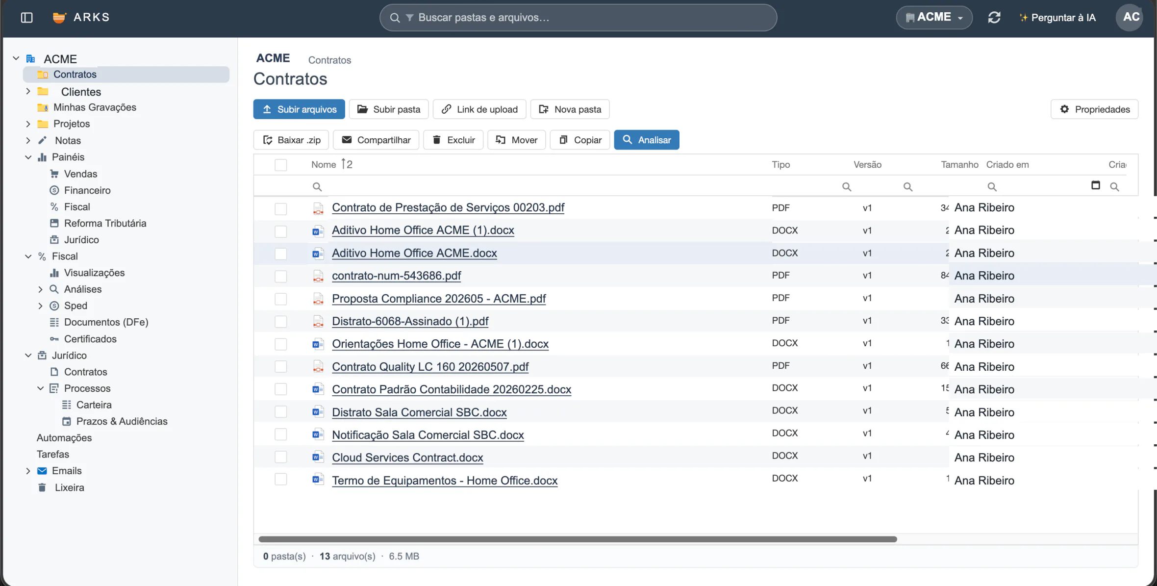Arquivos no ARKS com botão Analisar e Perguntar à IA