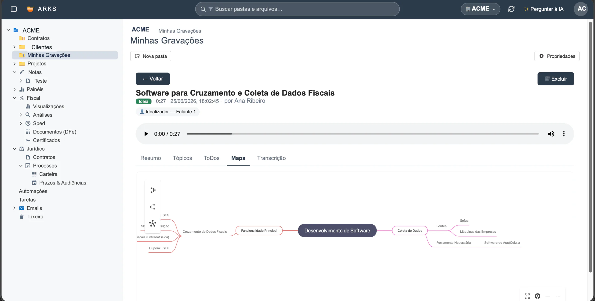 Gravação de voz transcrita com mapa mental gerado pelo ARKS